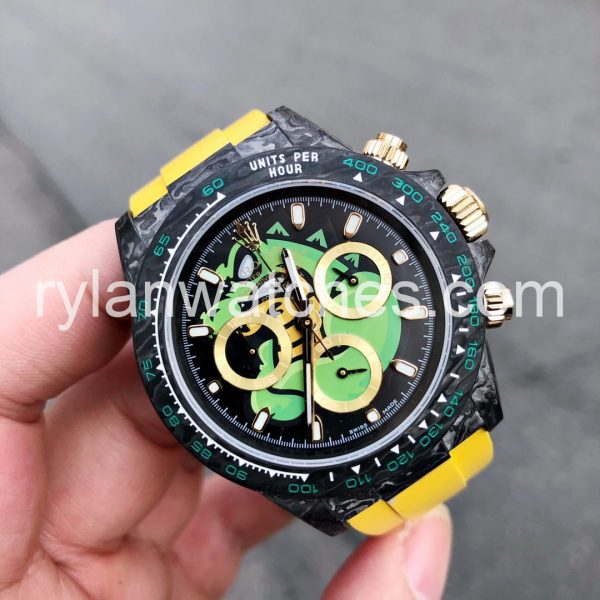 Rolex Daytona 40MM Carbon Black DLC Yellow Rubber Strap - Image 6