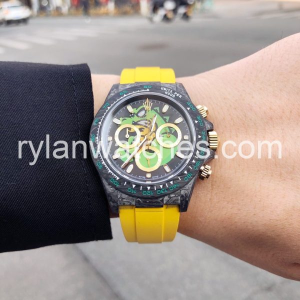 Rolex Daytona 40MM Carbon Black DLC Yellow Rubber Strap - Image 4