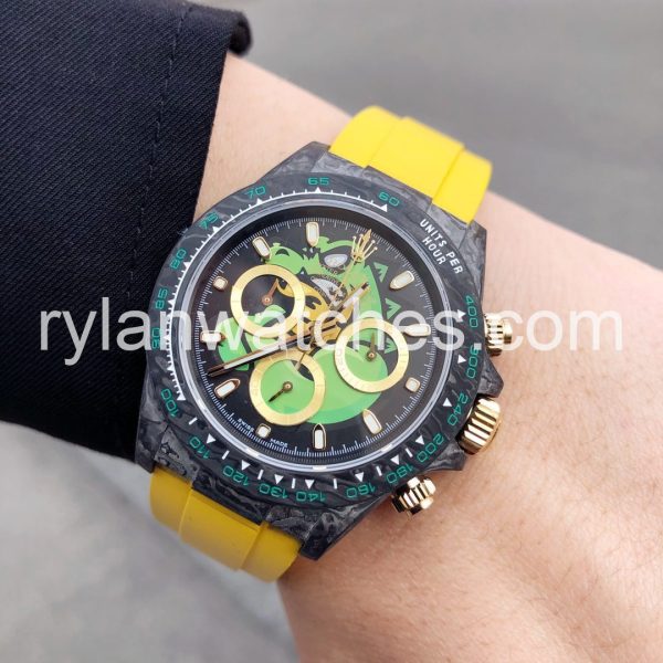 Rolex Daytona 40MM Carbon Black DLC Yellow Rubber Strap - Image 3